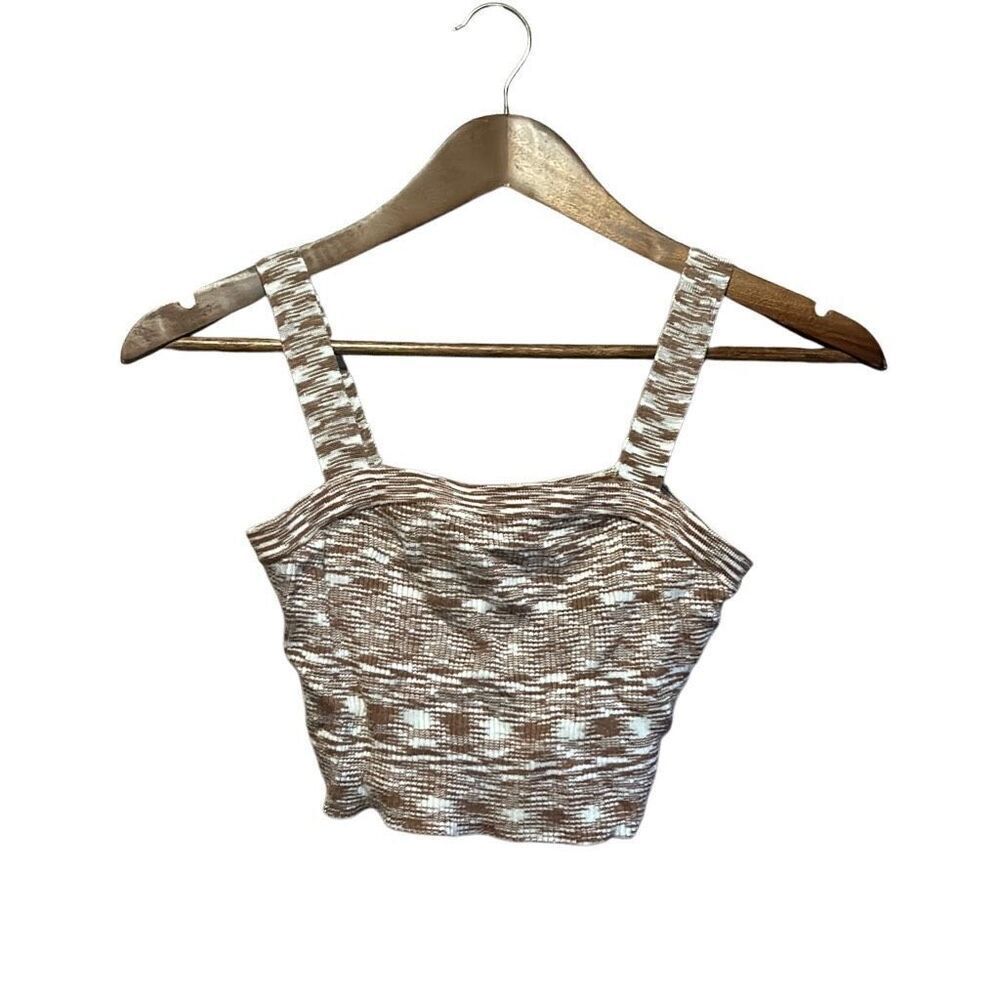 Forever 21 Knit Crop Top Tank Brown White‎ Geometric Pattern Square Neck M